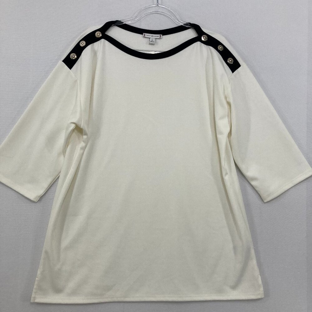 Tommy Hilfiger XL Black White Button Accents Stretch Knit Preppy Blouse Office
